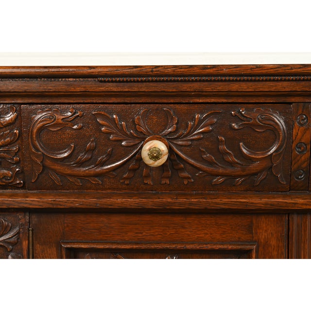 Wood R. J. Horner Style Antique Victorian Renaissance Revival Carved Oak Sideboard Credenza or Bar Cabinet, Circa 1890s For Sale - Image 7 of 12
