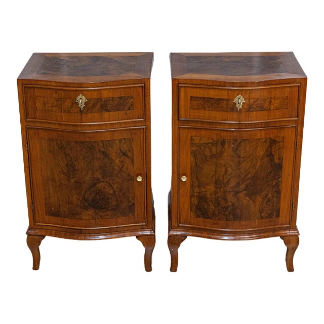 Italian 19th Century Serpentine Front Bedside Tables with Burled Walnut - a Pair For Sale