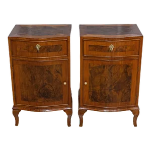 Italian 19th Century Serpentine Front Bedside Tables with Burled Walnut - a Pair