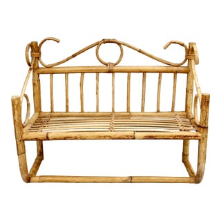 Vintage Boho Bamboo & Rattan Wall Shelf With Towel Bar — Scroll Arm Design For Sale
