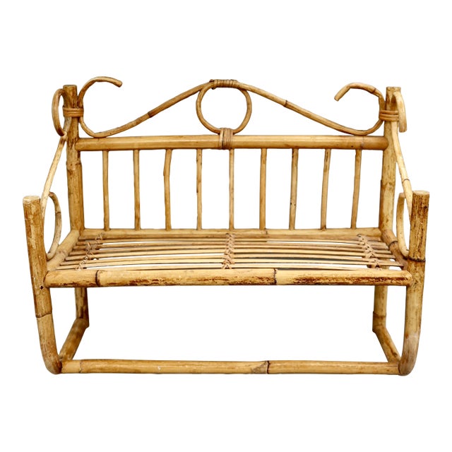 Vintage Boho Bamboo & Rattan Wall Shelf With Towel Bar — Scroll Arm Design For Sale