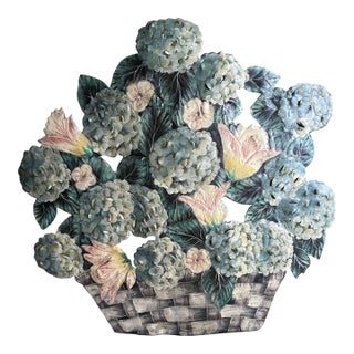 Vintage Metal Toleware Hand Painted and Signed Blue Hydrangea Fireplace Screen / Dummy Board For Sale