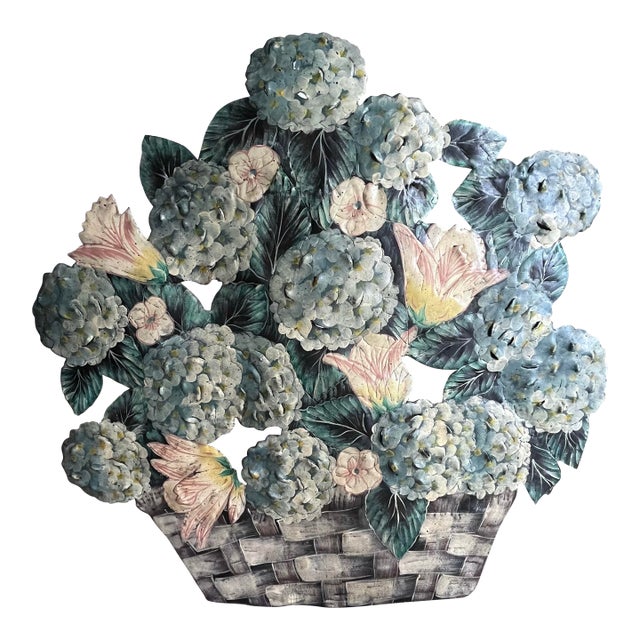 Vintage Metal Toleware Hand Painted and Signed Blue Hydrangea Fireplace Screen / Dummy Board For Sale