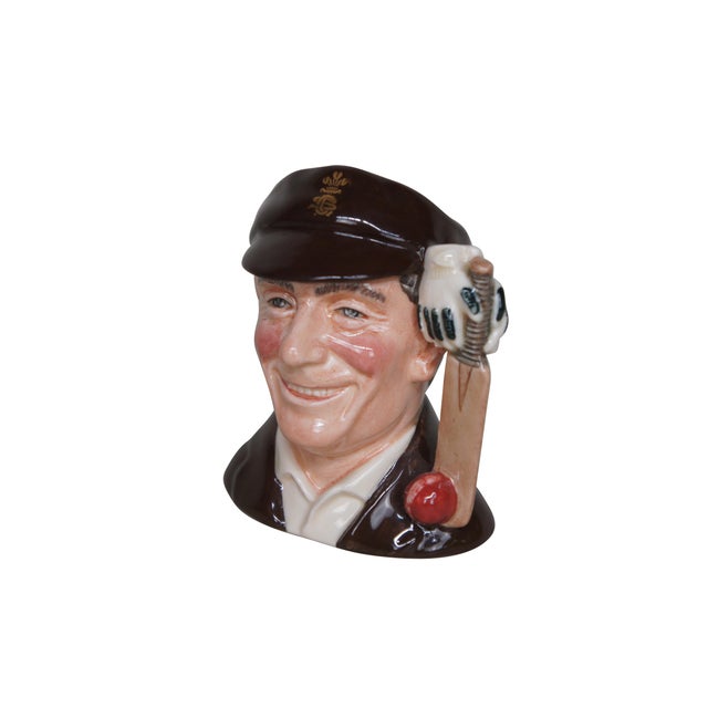 Vintage Royal Doulton 7131 porcelain character jug pitcher of Jack Hobbs the famous English cricketer in a brown cap and...