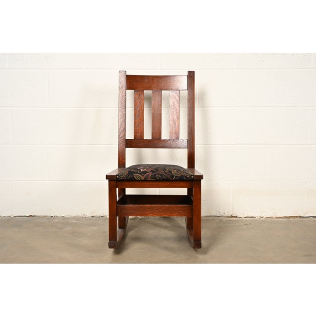 A gorgeous Mission or Arts & Crafts period quarter sawn oak sewing rocking chair By Stickley Brothers USA, Circa 1900...