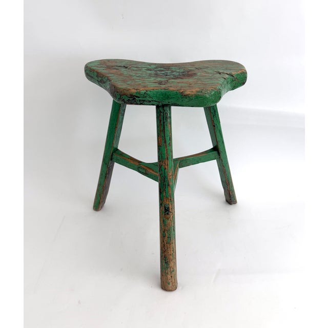 Rustic Green Painted Elm Stool For Sale - Image 4 of 8