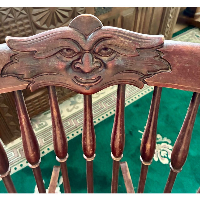 Antique Victorian Folk Art Face Crest Rocking Chair, Solid Wood Armchair, Late 19th Century Greenman For Sale - Image 4 of 12