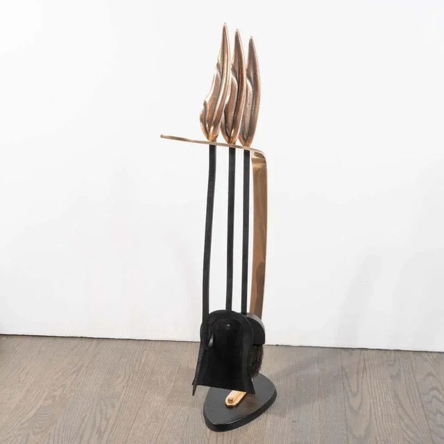 Mid-Century Modern Brutalist Flame Bronze & Black Enamel Firetool Set - Set of 4 For Sale - Image 9 of 13