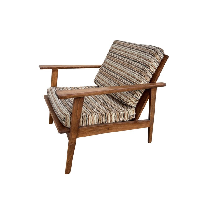 Scandinavian Modern MCM Walnut Framed Armchair With Striped Cushions For Sale - Image 4 of 7