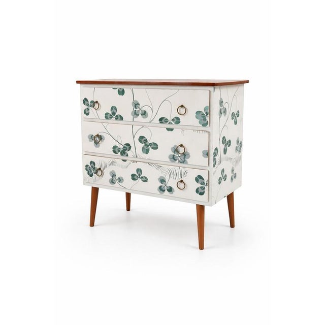 Josef Frank Scandinavian Modern Teak Commode with Clover Wallpaper by Josef Frank For Sale - Image 4 of 10