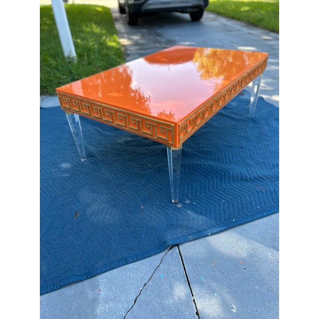 Mid-Century Modern Mid-Century Modern Style High-Gloss Orange Lacquered Wood and Lucite Greek Key Coffee Table by Julio Jimenez For Sale - Image 3 of 17