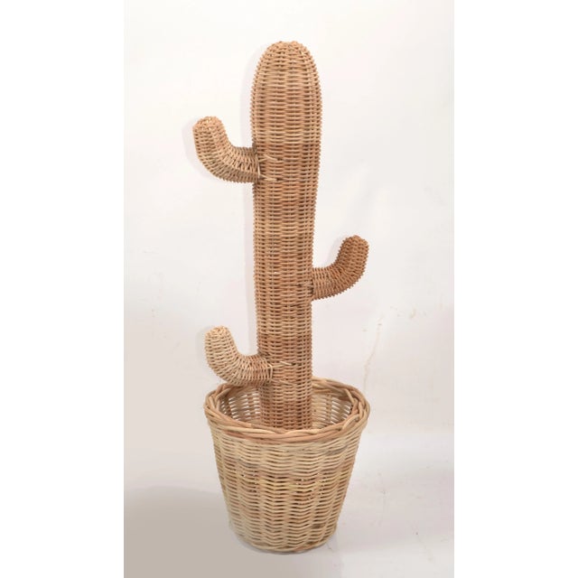 Mid-Century Modern Mario Lopez Torres Style Hand-Woven Rattan Cactus Pot Sculpture 1970 Bohemian For Sale - Image 3 of 12