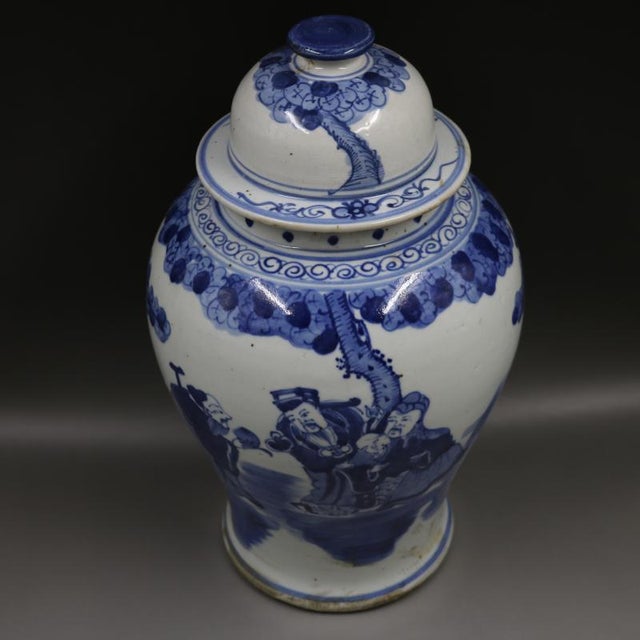 Antique Chinese Ceramic Pot China Blue Ground Famille Rose Porcelain Ginger Jar Hand Painted Figures Pattern For Sale - Image 4 of 8