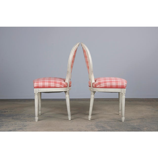 French Louis XVI Style Painted Dining Chairs W/ Pink Plaid Fabric Set
