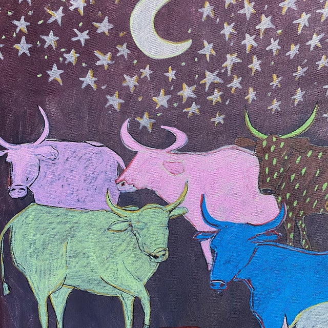 2020s Midnight Herd – Original Colorful Cow Acrylic Painting on Raw Canvas, 24x24 Folk Art by Tatiana Duperault For Sale - Image 5 of 5