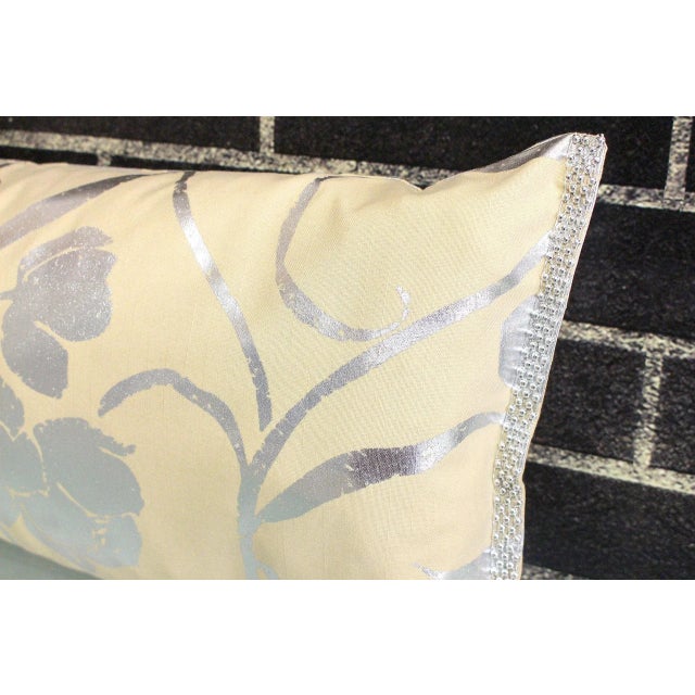 Modern Vintage Silver Floral Hand-Painted Double- Sided Lumbar Pillow With Beaded Trim For Sale - Image 3 of 13