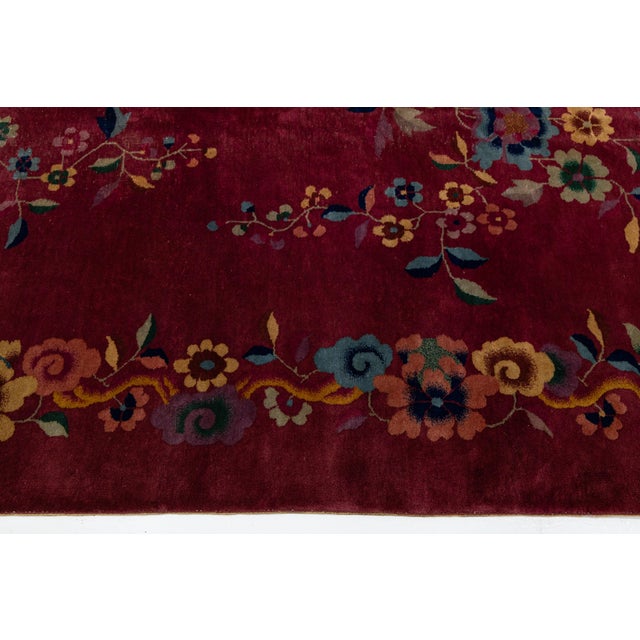 1920s Antique Art Deco Chinese Red Wool Rug With Floral Pattern For Sale In New York - Image 6 of 11