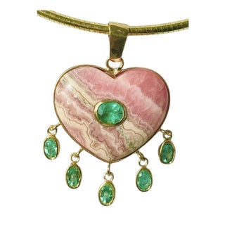 Large Rhodochrosite Heart Pendant With Emeralds & 14k Gold For Sale