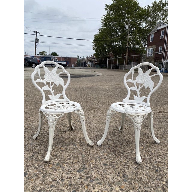 Victorian Style Rose Pattern Cast Aluminum Garden Patio Outdoor Bistro Chairs For Sale - Image 11 of 11