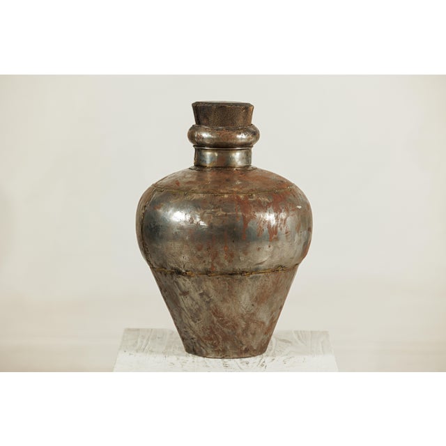 Vintage Indian Handcrafted Metal Water Vessel with Wooden Stopper For Sale - Image 9 of 18