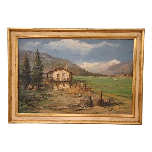 Italian Artist, Mountain Valley Landscape, Oil Painting on Plywood, Framed For Sale
