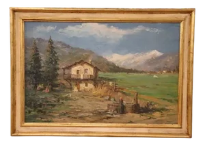 Italian Artist, Mountain Valley Landscape, Oil Painting on Plywood, Framed