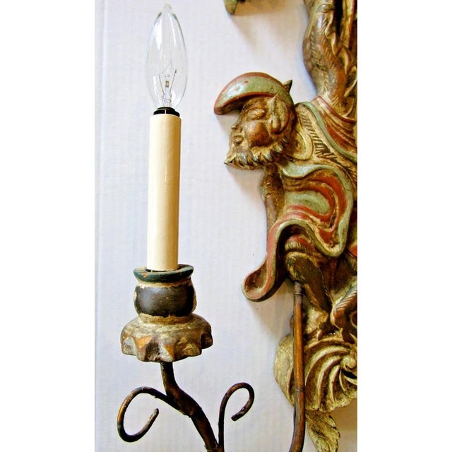 1920s Polychrome Hand Carved Wood and Iron Monkey Wall Sconces - a Pair For Sale - Image 9 of 17