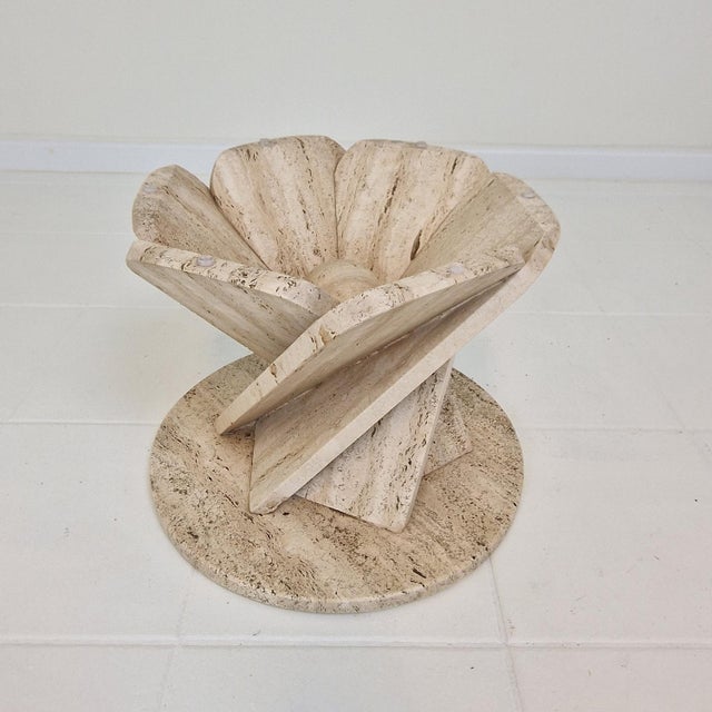 Italian Flower Coffee Table in Travertine with Facet-Cut Round Plate, 1980s For Sale - Image 15 of 16