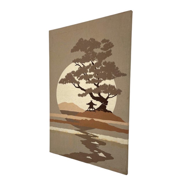 Mid-Century Modern Japanese Landscape Textile Wall Art on Stretched Canvas For Sale - Image 4 of 10