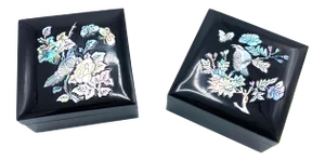 Vintage Black Lacquerware Trinket Boxes with Mother of Pearl & Abalone Inlay Lids - a Pair