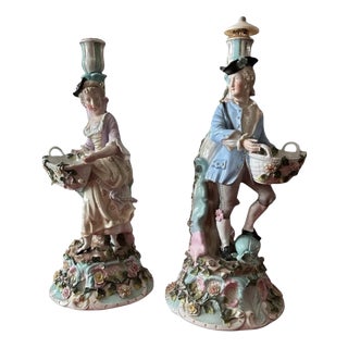 Antique Rococo Porcelain Figural Candlesticks from Sitzendorf, 1900, Set of 2 For Sale