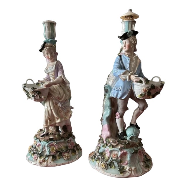Antique Rococo Porcelain Figural Candlesticks from Sitzendorf, 1900, Set of 2 For Sale