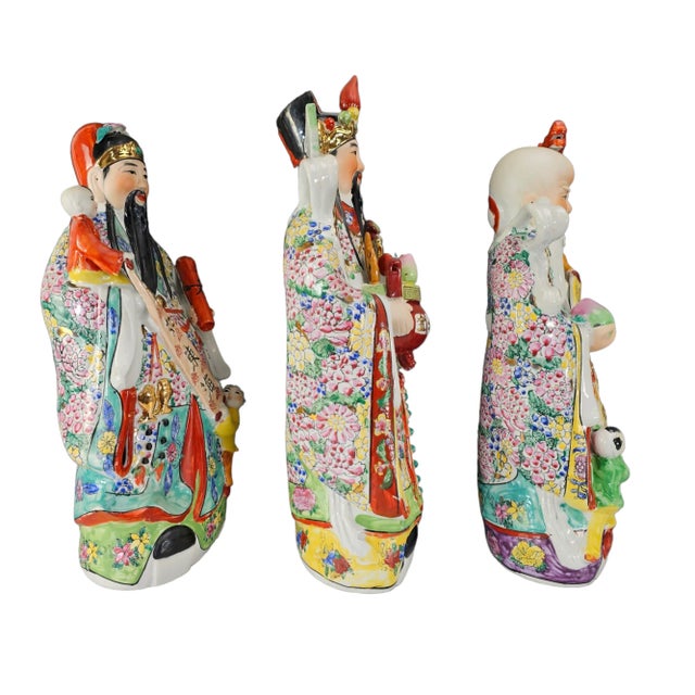 Chinese Vintage Chinese Porcelain Sanxing Fu Lu Shou Statues, Feng Shui Gods of Fortune and Longevity, Set of 3 For Sale - Image 3 of 13