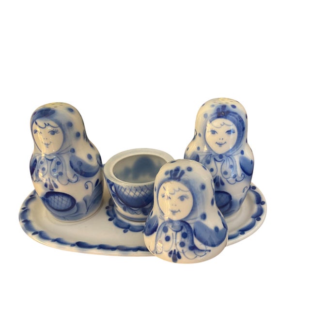 Folk Art Russian Gzhel Blue and White Porcelain Nesting Doll Salt and Pepper Shaker With Condiment Jar and Tray For Sale - Image 3 of 6