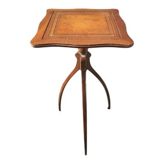 Mid 20th Century Spider Tripod Mahogany and Tooled Leather Top Candle Stand For Sale