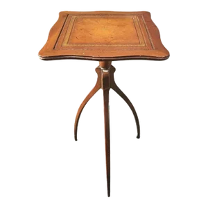 Mid 20th Century Spider Tripod Mahogany and Tooled Leather Top Candle Stand