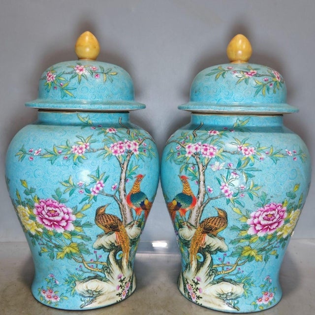 Chinese Pair of Chinese Enameled Porcelain Temple Jars | Turquoise Ground Pheasant & Floral Motif For Sale - Image 3 of 9