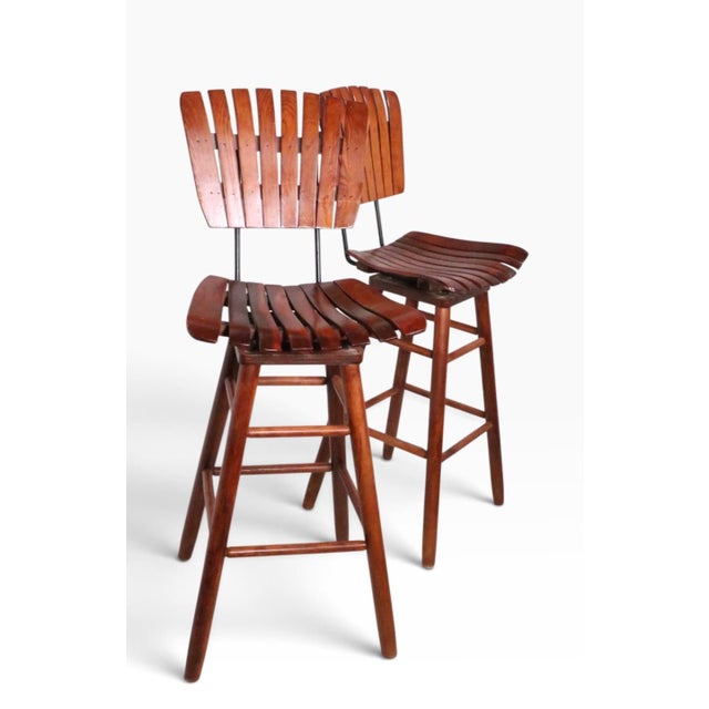 Pair Mid Century Wood Slat Swivel Bar Height Stools by Arthur Umanoff For Sale - Image 10 of 12