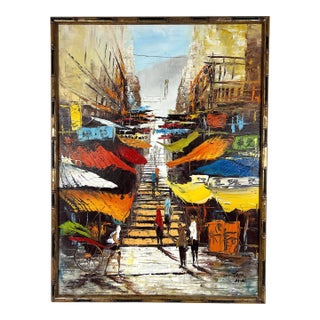 "Ladder Street Hong Kong" Mid Century Impasto Painting by W. Lam, Faux Bamboo Frame For Sale