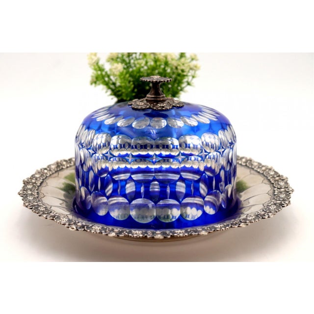 Cheese Bowl in Blue Cut Glass with Silver Plate, Set of 2, in Good conditions.