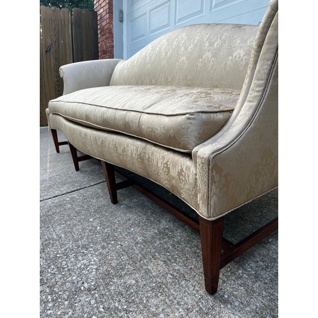 1980s Scroll Arm Down Filled Camelback Sofa- Reupholstered in Golden Cream Damask Silk For Sale - Image 5 of 12