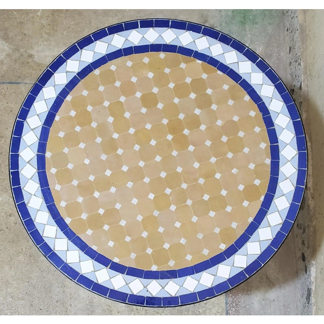 Moroccan 24" Multi-Color Moroccan Mosaic Table in Camel, Blue and White - 2 Pieces For Sale - Image 3 of 7