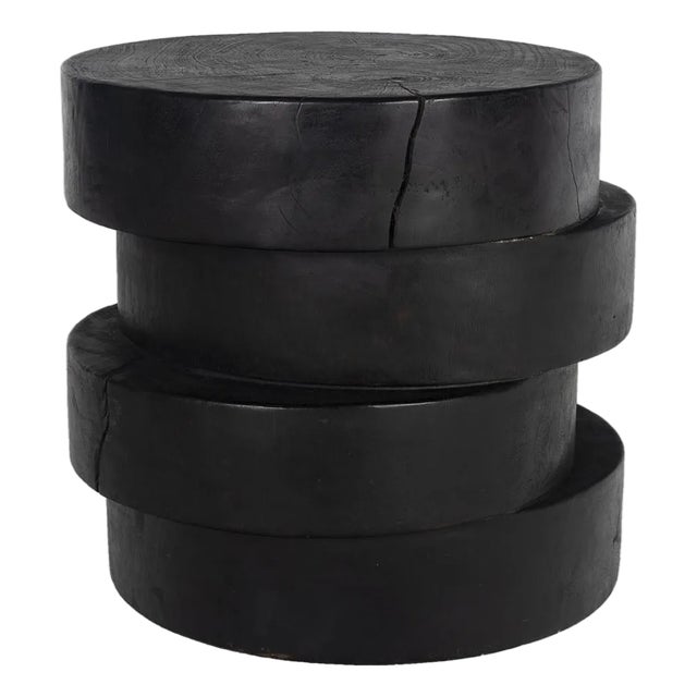 Ebonized Carved Stacked Design Wood Side Table For Sale