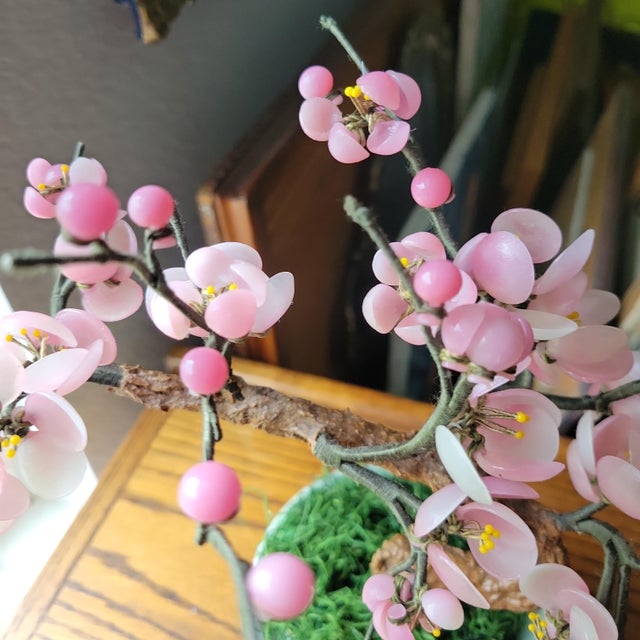 Pink VTG Glass Pink Cherry Blossom Flowers Leaves Bonsai Tree 12" Tall 4.5" Round MCM For Sale - Image 8 of 16