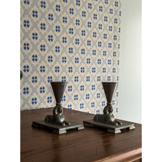 Metal Swedish Grace Sphinx Candlesticks from Ernst Svedbom, Sweden, 1930, Set of 2 For Sale - Image 7 of 9