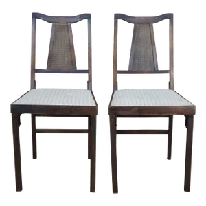 Mid 20th Century Mid Century Legomatic Walnut Wicker Rattan Vinyl Folding Side Chairs - Set of 2
