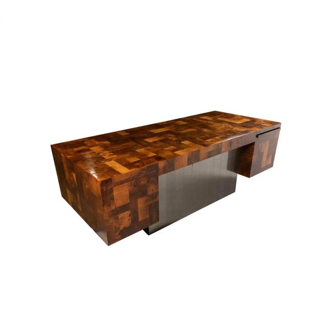 Mid-Century Modern Paul Evans 'Cityscape' Patchwork Burl and Chrome Executive Desk, 1970s, Signed For Sale - Image 3 of 7