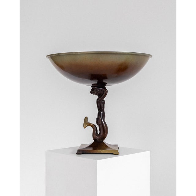 Brown Swedish Art Deco Bronze Centerpiece Bowl on Foot with Mermaid Sculpture from Ystad-Metall, 1930s For Sale - Image 8 of 8