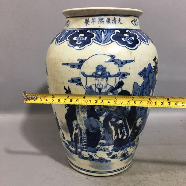 Chinoiserie Blue and White Fu Lu Shou Immortals Porcelain Storage Jar, Chinoiserie Decor Vessel For Sale - Image 3 of 8