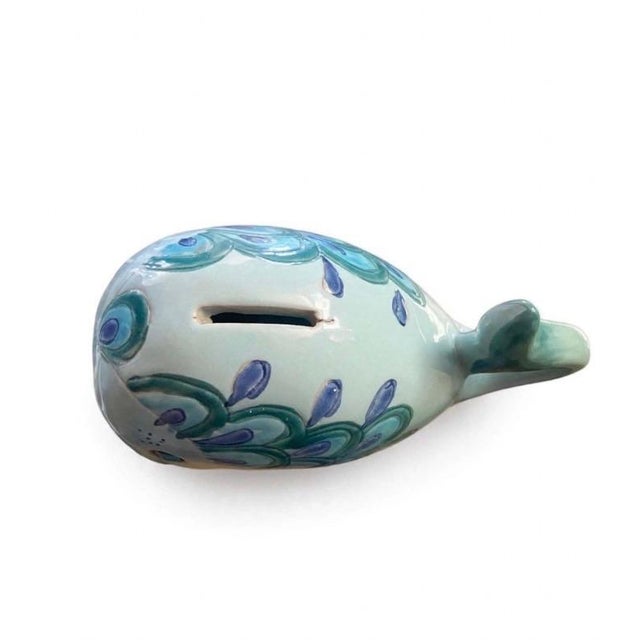 Italian Vintage Peck and Peck Italian Ceramic Whale Piggy Bank Raymor Style 1960s Aqua Blue Teal MCM Bank Italy 032 For Sale - Image 3 of 7